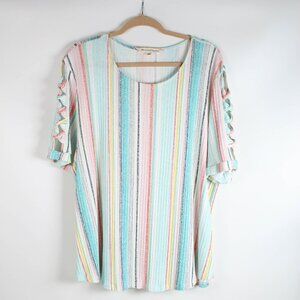 Above & Beyond 3X Pastel Stripe Lattice Sleeve Top
